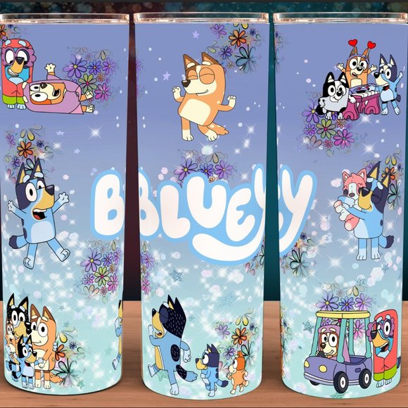 Blue Floral Bluey Cup Mug Tumbler with Lid and Straw - Picture 1 of 3